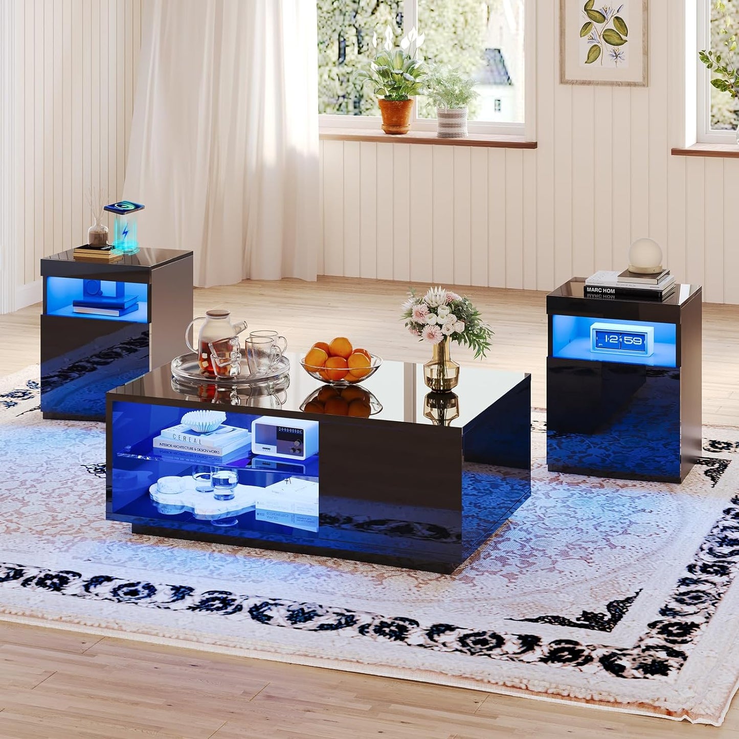 3-Piece Modern High Gloss LED Table Set, Coffee Table with 20-Color LED Lights, 2 End Tables with Wireless Charging Station for Living Room & Bedroom