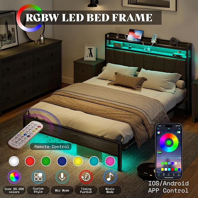 Queen Size Bed Frame with RGB Lights & Charging Station, LED Bed Frame with Storage Headboard Linen Upholstered, Heavy Duty Metal Slats, No Box Spring Needed, Rustic Grey