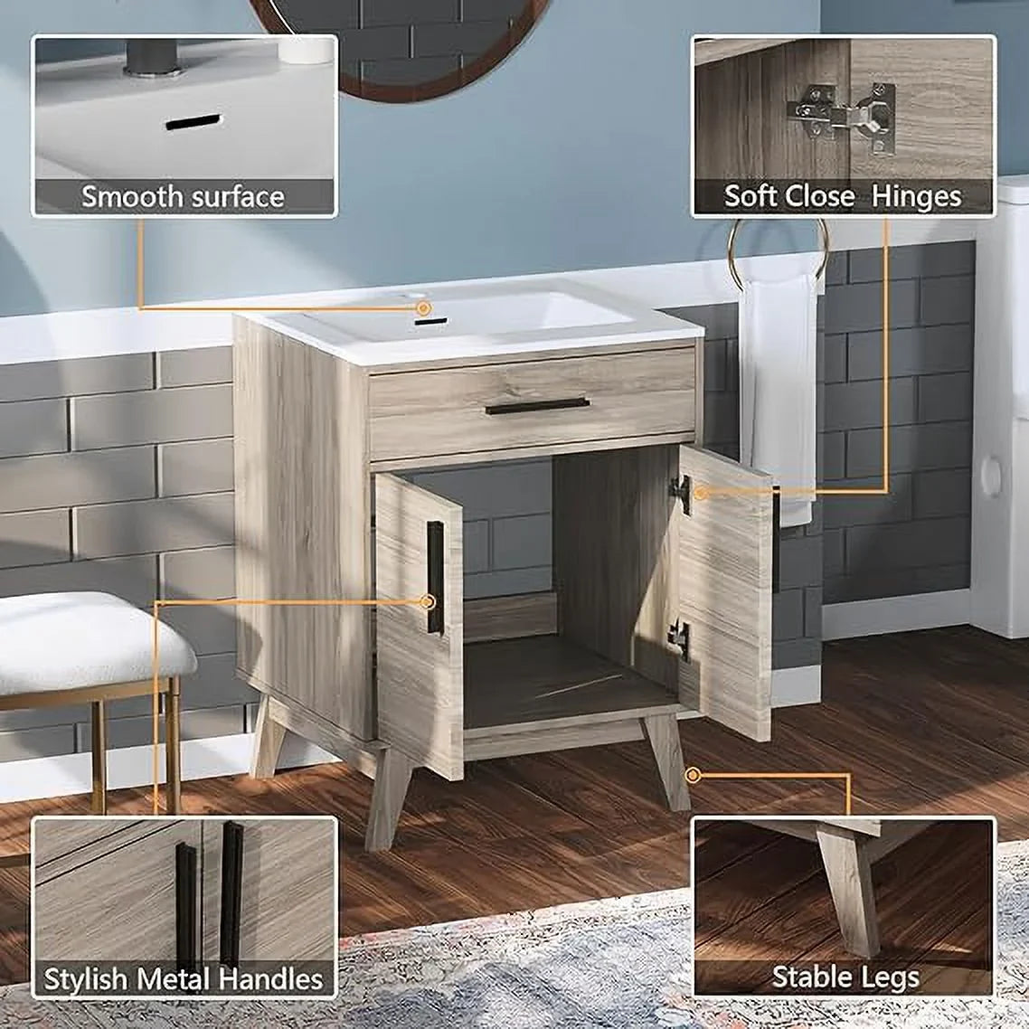 24.5" Bathroom Vanity with Sink Combo, Mid-Century Small Single Bathroom Cabinet Set, Grey