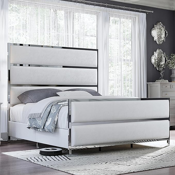 King Size Bed Frame, Velvet Upholstered Bed with Silver Trim Headboard & Footboard, Channel Tufted Platform Bed Frame, No Box Spring Needed/Light Grey