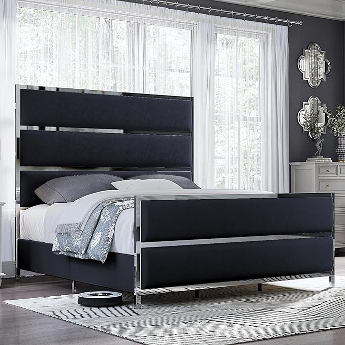 King Size Bed Frame, Velvet Upholstered Bed with Silver Trim Headboard & Footboard, Channel Tufted Platform Bed Frame, No Box Spring Needed/Light Grey