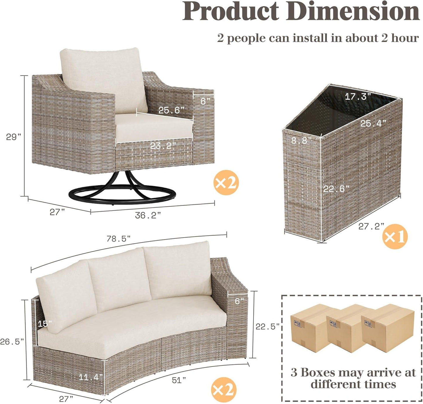8 Seats Wicker Patio Furniture Set, Curved Sectional Sofa with Storage Table & Armrests