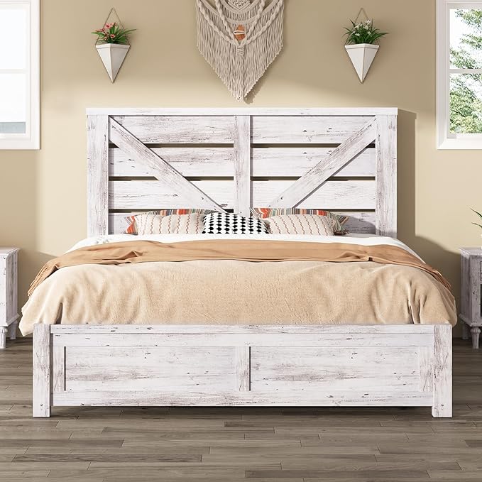 Queen Size Farmhouse Bed Frame with 49.2" Barn Door Headboard, Platform Bed Frame with Wood Slats, Under Bed Storage Space, Easy Assembly, Noisy Free, Distressed White