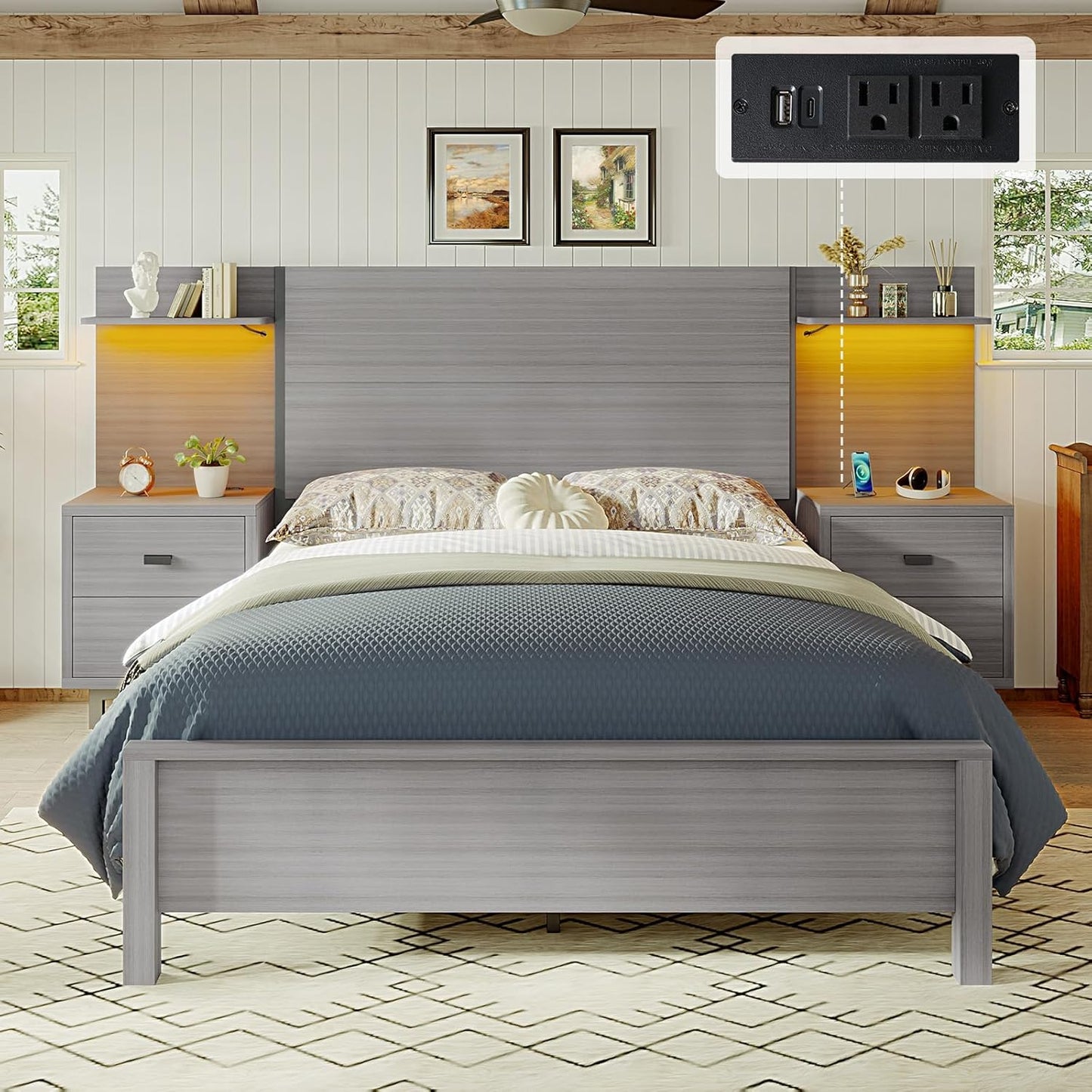 Queen Size Bed Frame with Wide Headboard, Bedside Storage Racks with Charging Station, Grey