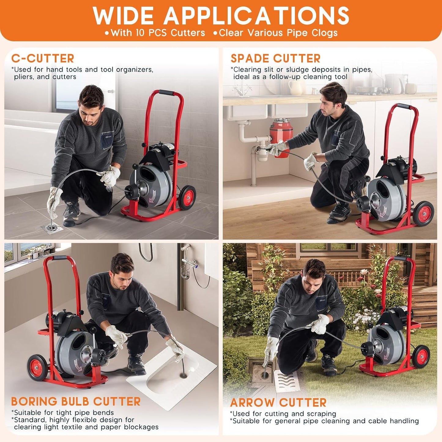 Jocisland 75 FT x 3/8 inch Drain Cleaner Machine, Auto Feed Electric Drain Snake with 10 Cutters & Air-activated Foot Switch for 1 to 4 Inch Pipes, Sewer Snake Auger, Grey/Red