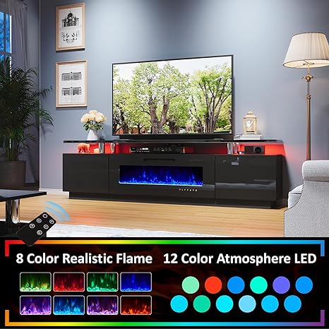 Fireplace TV Stand with 40" Fireplace, 80" Modern High Gloss Fireplace Entertainment Center LED Lights, 2 Tier TV Console Cabinet for TVs Up to 90", Obsidian Black