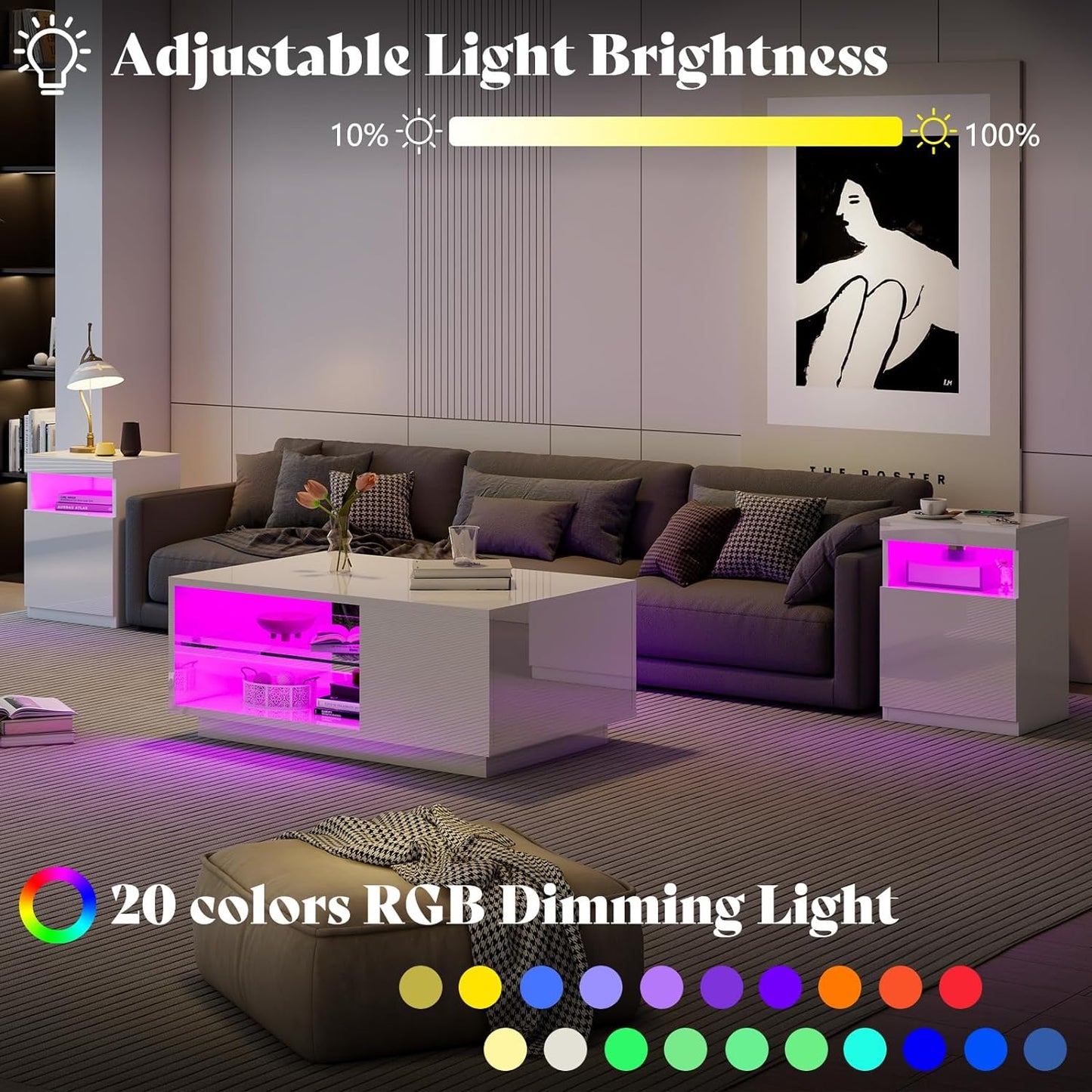 AMERLIFE 3-Piece Modern High Gloss LED Table Set, Coffee Table with 20-Color LED Lights, 2 End Tables with Wireless Charging Station for Living Room & Bedroom