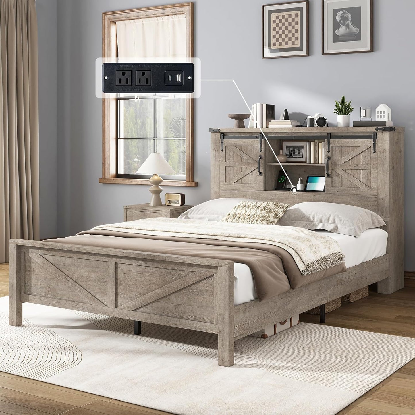 Farmhouse Full Bed Frame with Storage Bookcase & Charging Station, Bedroom Furniture, Black
