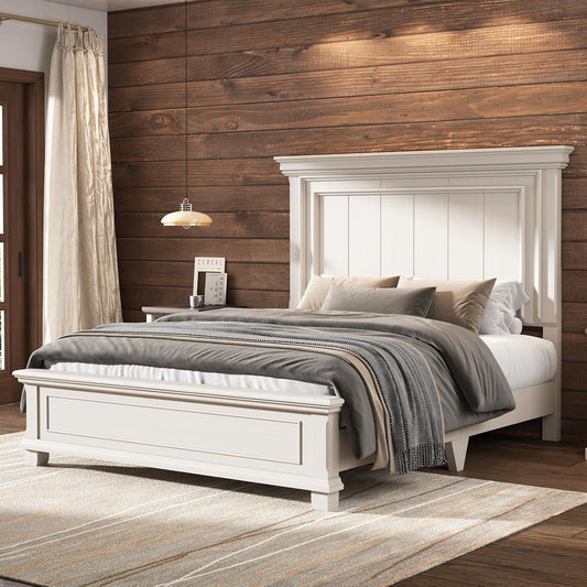 Farmhouse Wood Queen Size Bed Frame with Headboard and Footboard, Distressed White
