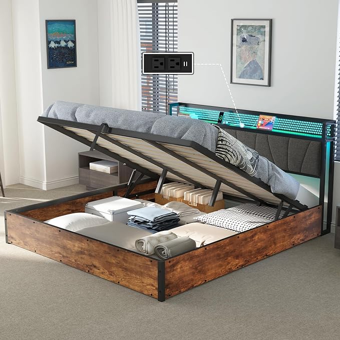 Queen Size Lift Up Bed Frame with Linen Upholstered & LED Light & Storage Headboard, Platform Bed Frame with Charging Station, No Box Spring Needed, Noisy Free, Rustic Grey