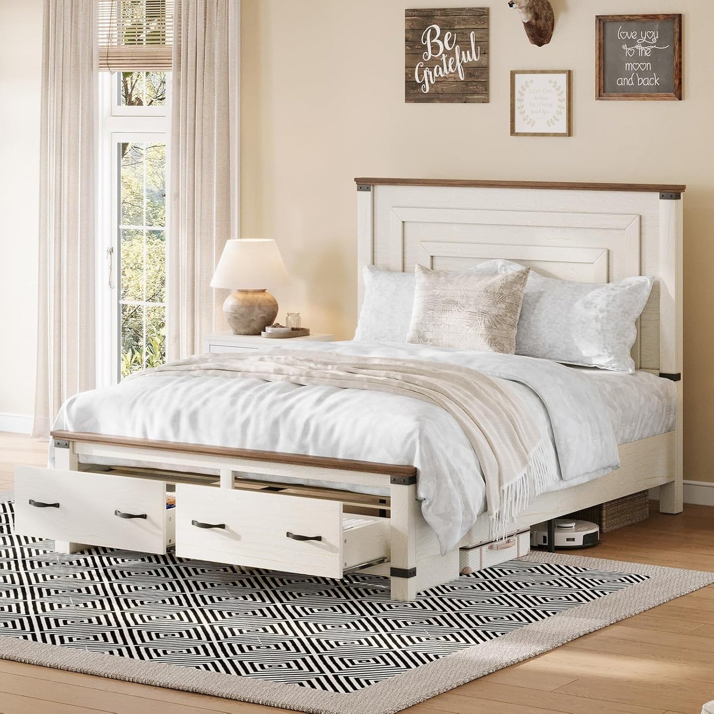 Amerlife Farmhouse Bed Frame with 54" Tall Geometric Headboard & Storage Drawers