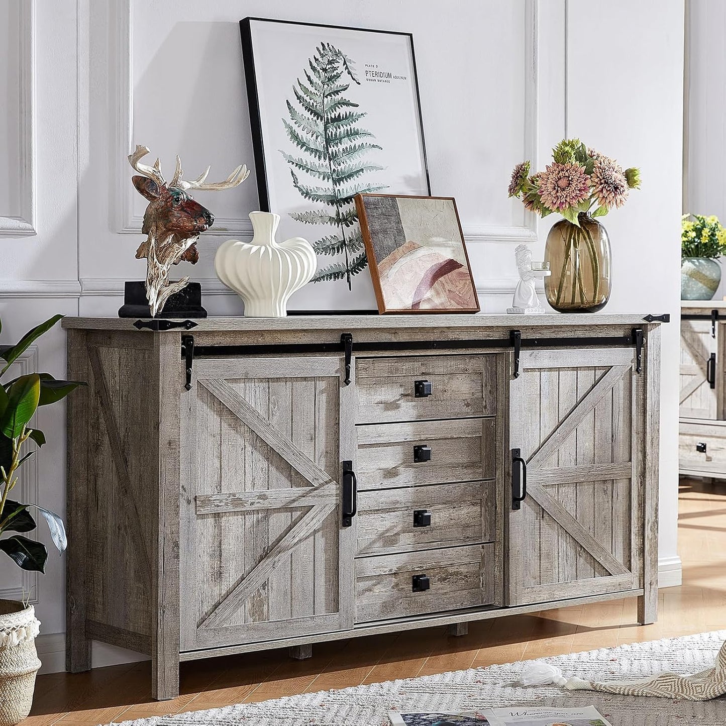 Sideboard Buffet Cabinet with Sliding Barn Doors & 4 Drawers for Dining Living Room, White