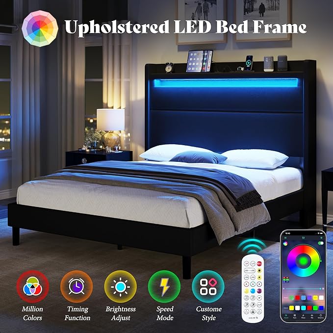 Queen Bed Frame with LED Lights and Wingback Headboard, Upholstered Platform Bed with USB and USB-C Ports, No Box Spring Required/Noise-Free/Black