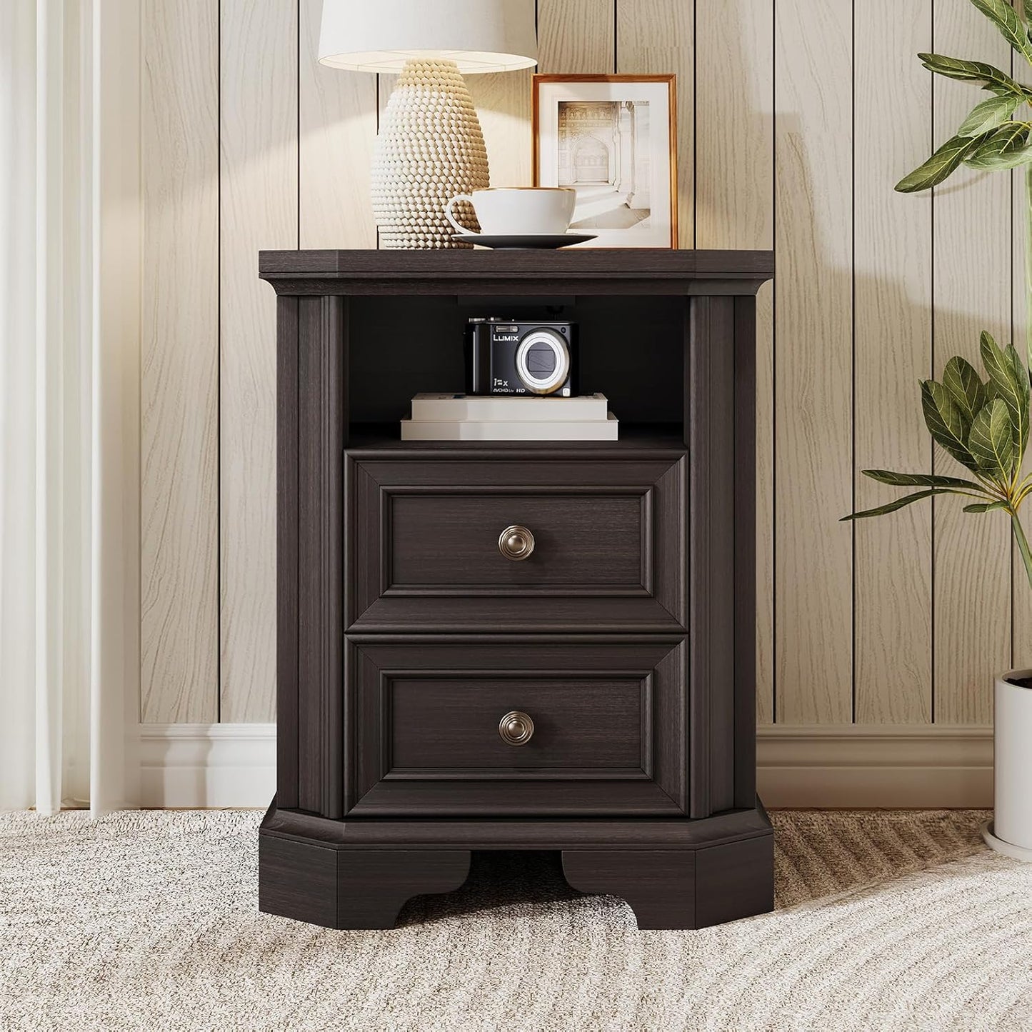 Farmhouse Nightstand with Charging Station, Wood Rustic End Table of Corner Bevel Shape with Drawers, Wood Side Sofa Bedside Cabinet for Bedroom, Living Room, Hallway