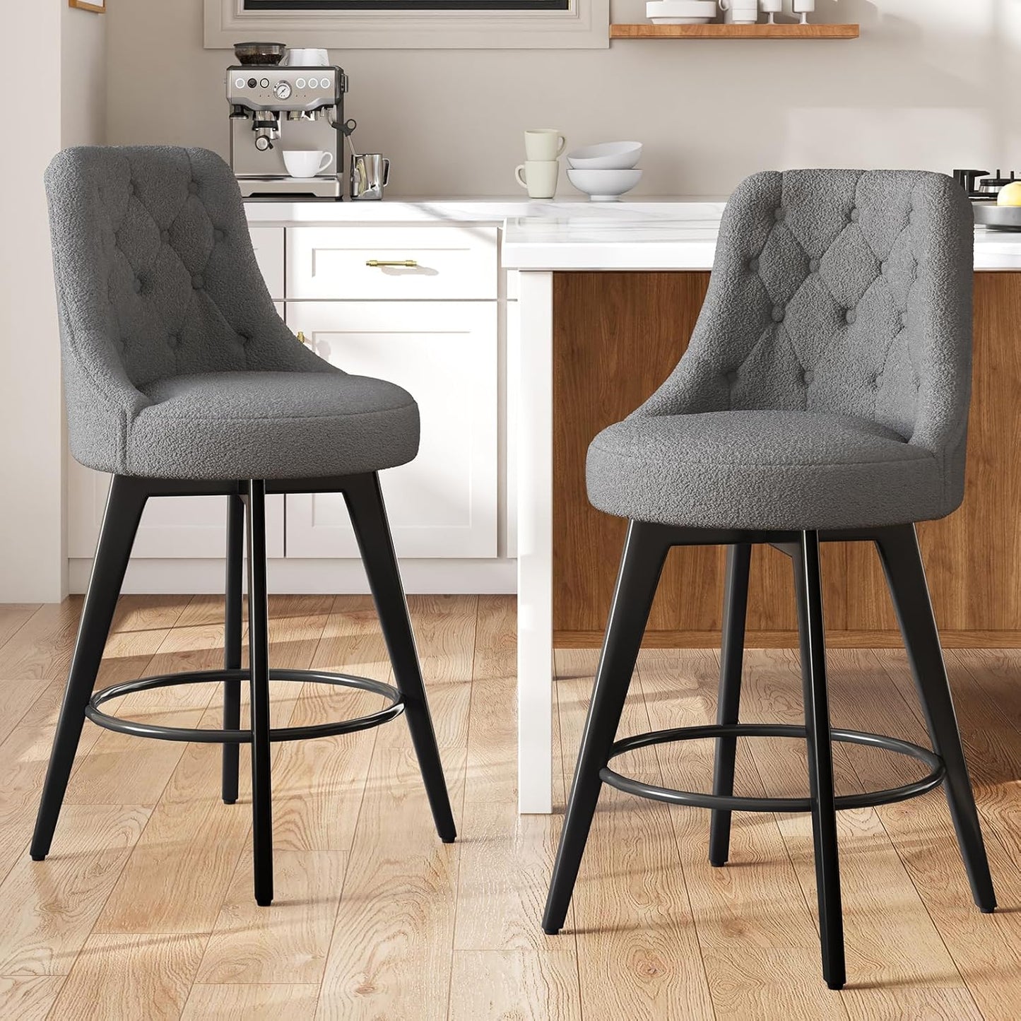 Counter Height Bar Stools Set of 2, Boucle Upholstered Chairs for Kitchen, White