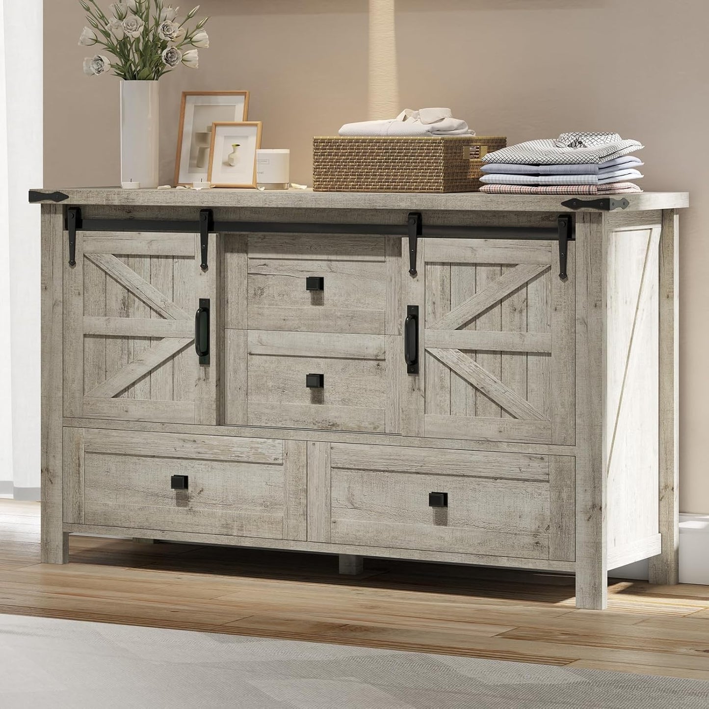 Farmhouse Sideboard Buffet Cabinet with 4 Drawers & 2 Doors for Living Room & Bedroom, White