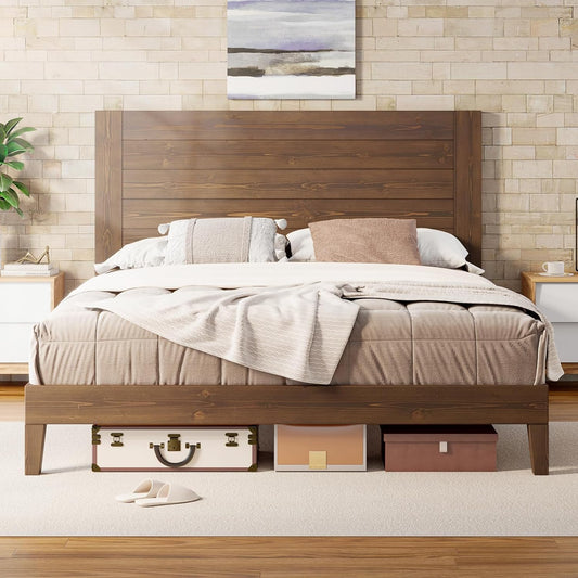 Solid Wood Bed Frame, Mid-Century Modern Platform Bed with 48.6" Headboard, Wooden Slats & Metal Support, Noise Free, No Box Spring Needed, Light Brown