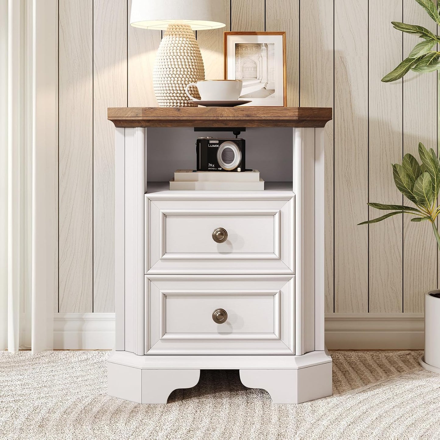 Farmhouse Nightstand with Charging Station, Wood Rustic End Table of Corner Bevel Shape with Drawers, Wood Side Sofa Bedside Cabinet for Bedroom, Living Room, Hallway