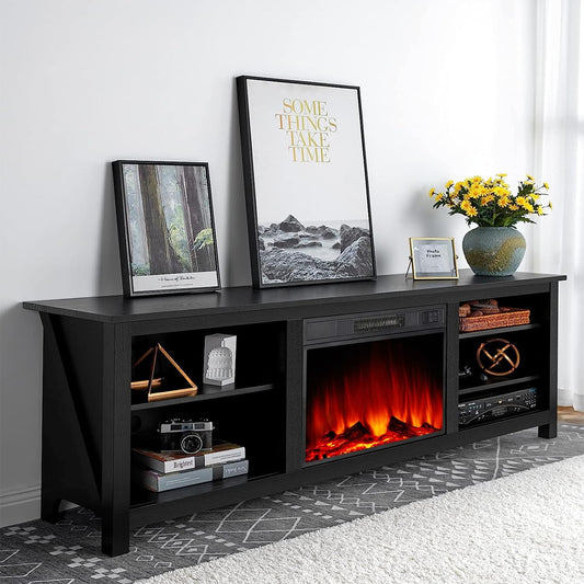 Fireplace TV Stand, Wood Texture Entertainment Center with 23'' Electric Fireplace, Farmhouse Entertainment Stand Media TV Console for TVs Up to 80'', 70 inches