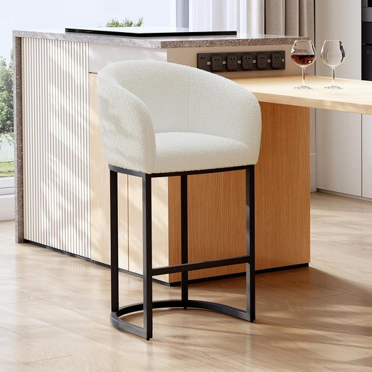 Modern Bar Stools for Kitchen Counter, White Boucle Chair with Arms and Footrest