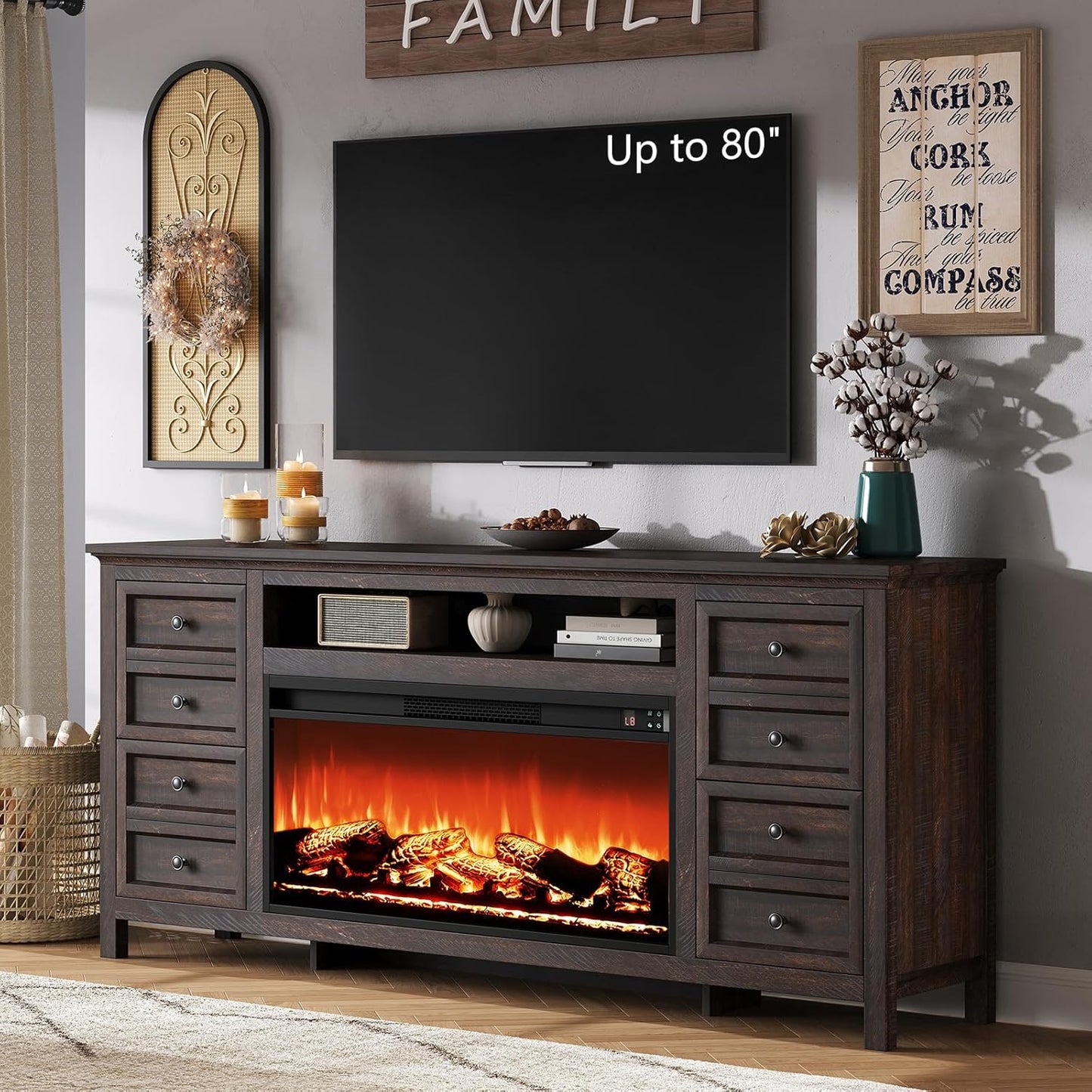 Farmhouse 70" Fireplace TV Stand with 37" Electric Fireplace for TVs up to 80", Media Entertainment Center with 4 Drawers, Rustic TV Console Storage Cabinet for Living Room