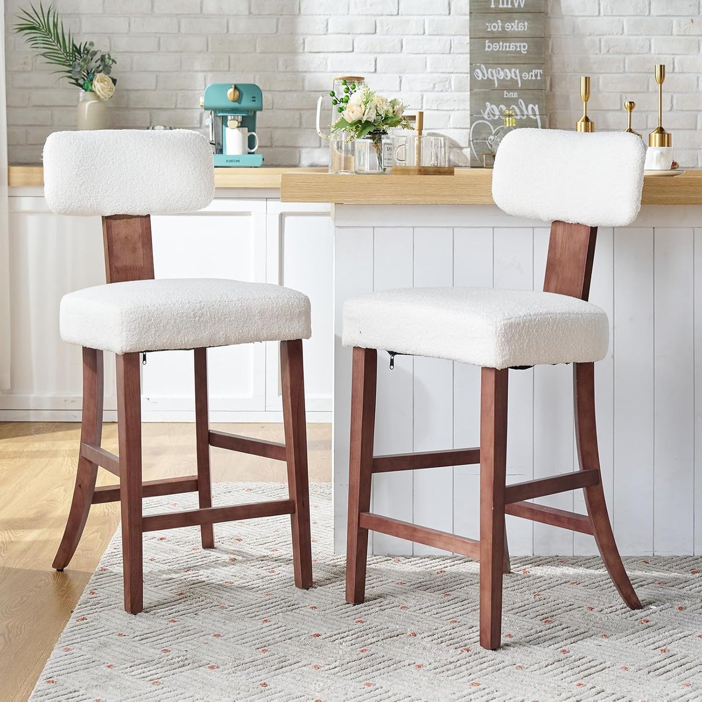 Mid Century Bar Stools Set of 2,Sherpa Upholstered Island Chairs with Adjustable Feet,White