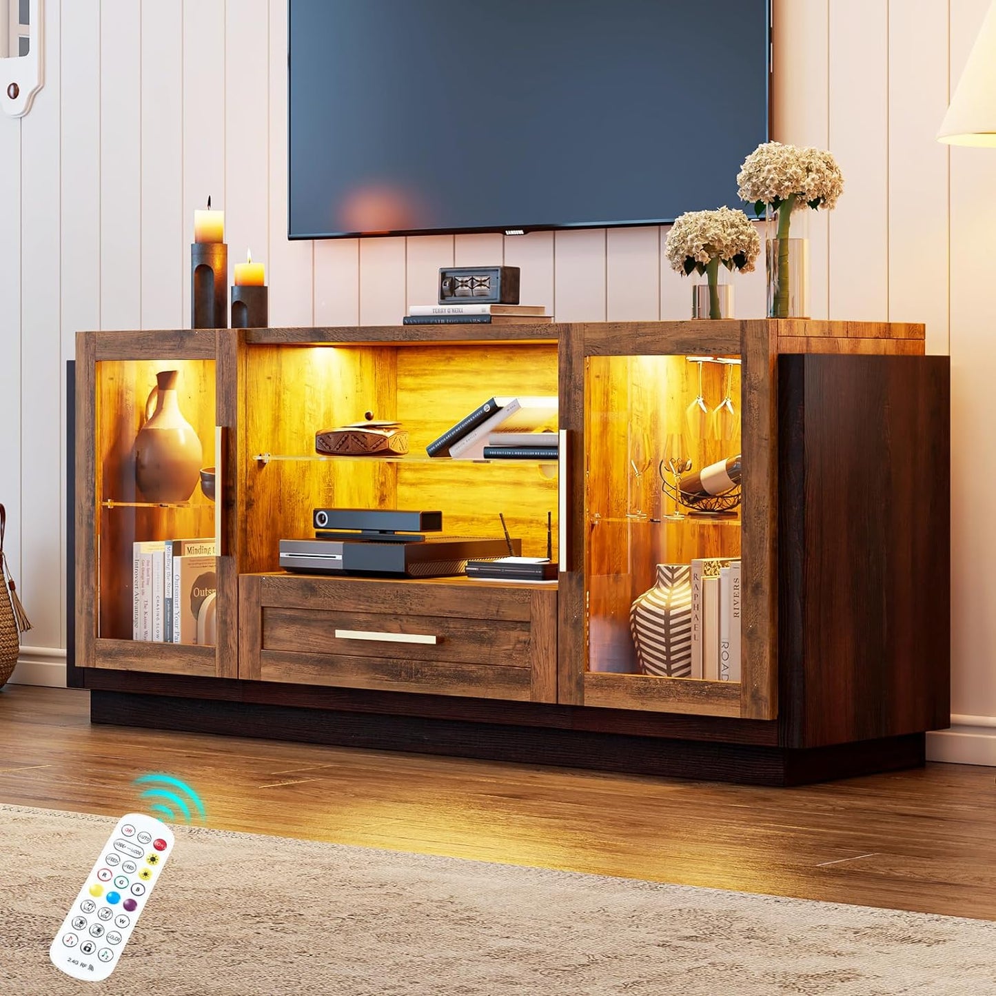 Thickened TV Stand with LED Lights, Media Entertainment Center with Glass Doors & Adjustable Shelves, Modern Storage TV Table, TV Console for Living Room for TVs up to 65"