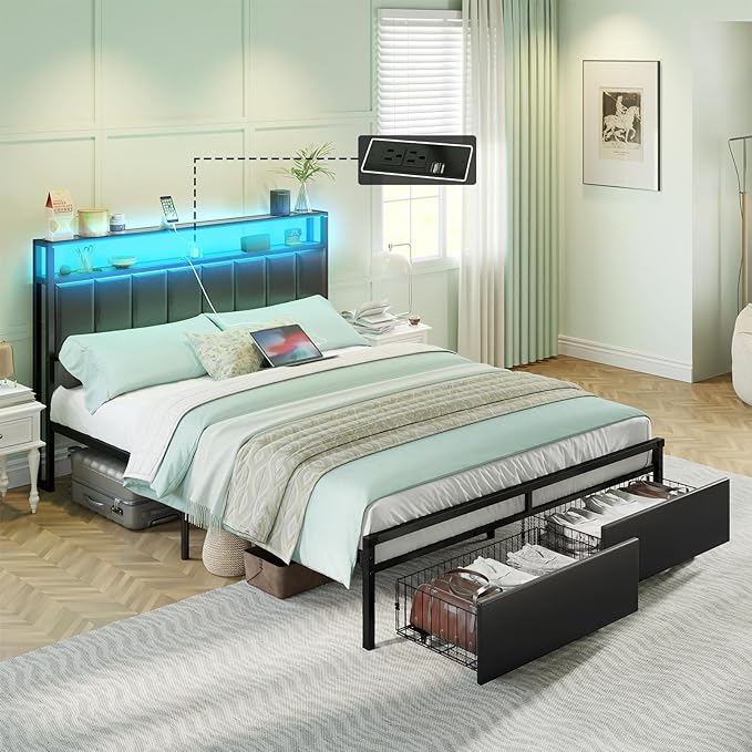 Queen Bed Frame with 2 Storage Drawers, LED Lights, Black