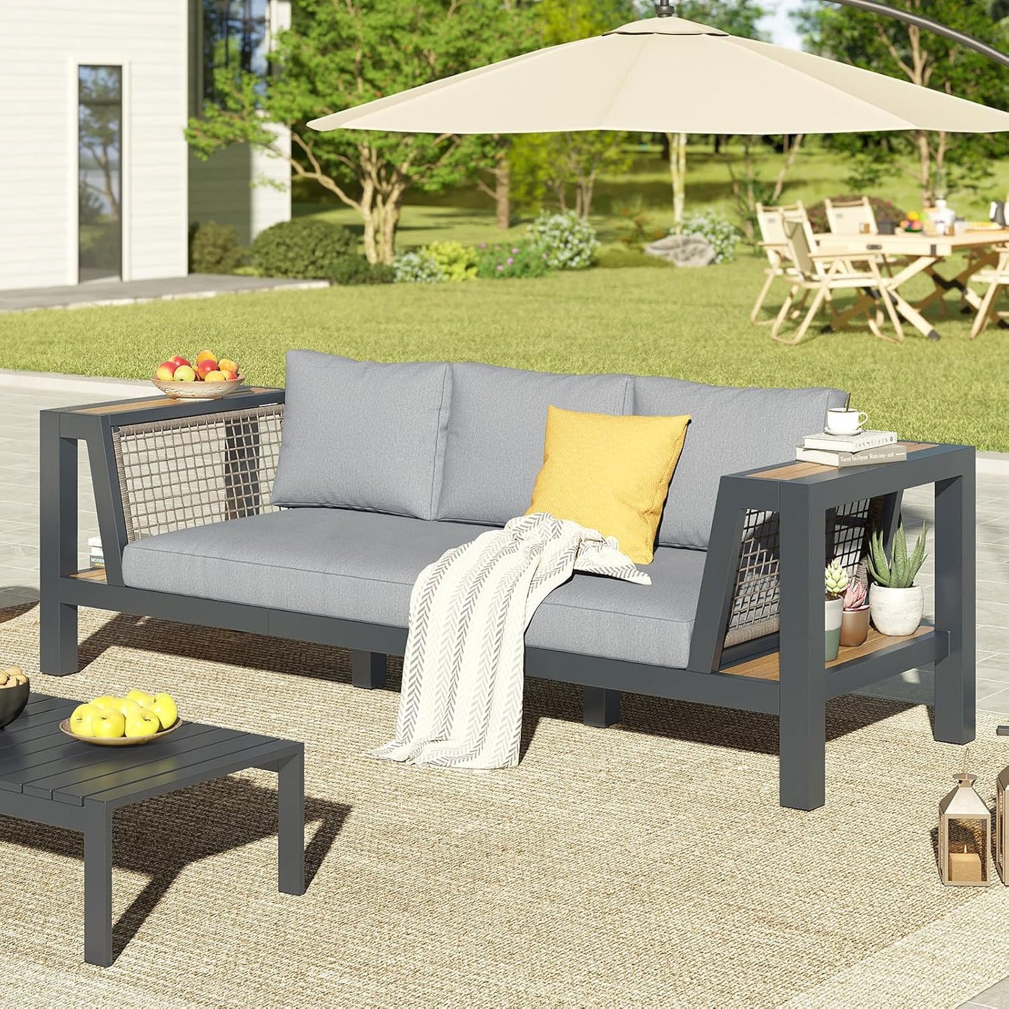 Outdoor Sofa Aluminum Patio Furniture Set with Wide Storage Armrest, 3-Piece Outdoor Couch