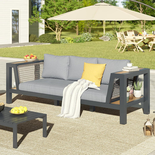 Outdoor Sofa Aluminum Patio Furniture Set with Wide Storage Armrest, 3-Piece Outdoor Couch