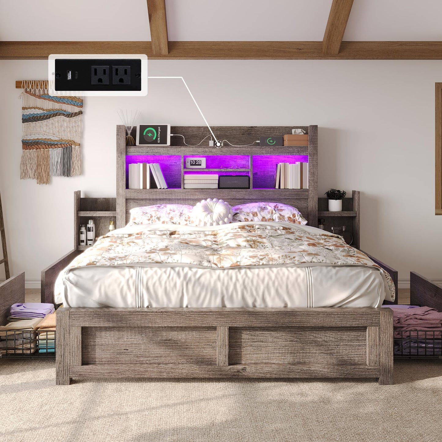 VanAcc Bed with 49.6" Bookcase Headboard, Dual Side Storage Racks, 4 Drawers, Built-in RGB LED Lighting, Charging Station – No Box Spring Required
