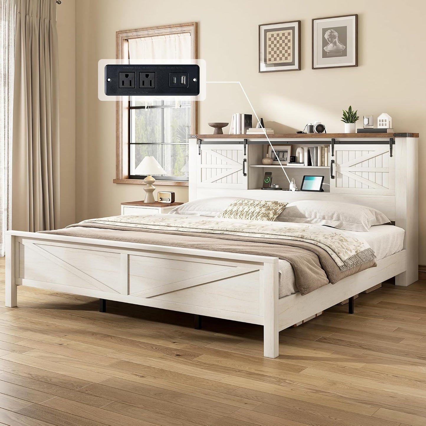 Farmhouse Full Bed Frame with Storage Bookcase & Charging Station, Bedroom Furniture, Black