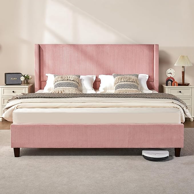 Queen Size Platform Bed Frame, 50.8" Corduroy Upholstered Bed with Vertical Channel Tufted Headboard/Wooden Slats/Wingback/No Box Spring Required/Taupe