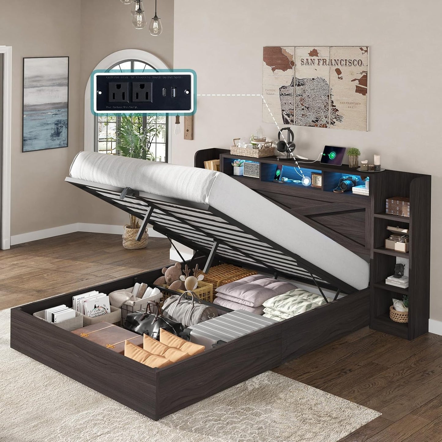 Amerlife Bed Frame with Lift Up Storage & Bookcase Headboard, LED & Charging