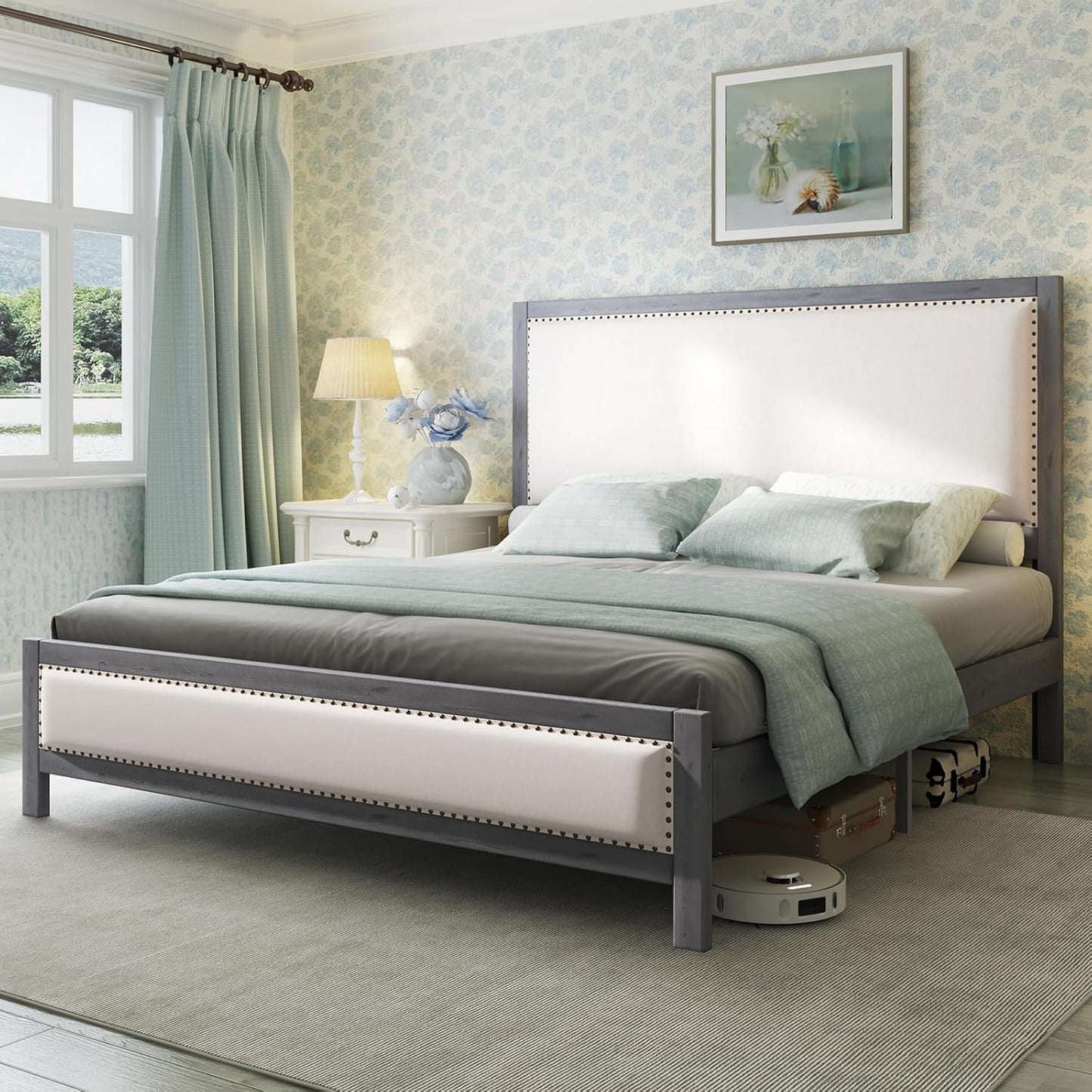 Upholstered Platform Bed with Headboard, Solid Wood Bed Frame with Linen Headboard & Footboard Nailhead Trim, No Box Spring Needed, Noise-Free