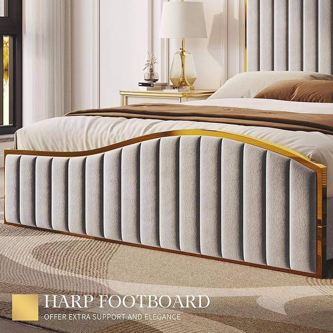 Queen Size Bed Frame, 61.4" High Headboard Platform Bed Velvet Upholstered with Gold Trim & Footboard/Wooden Slats/No Box Spring Required/Grey
