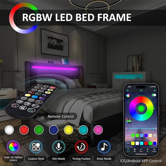 Queen Bed Frame with RGBW LED Lights Headboard & 4 Storage Drawers, Upholstered Smart Platform Bed with USB & USB-C Ports, Box Spring Optional, Dark Grey