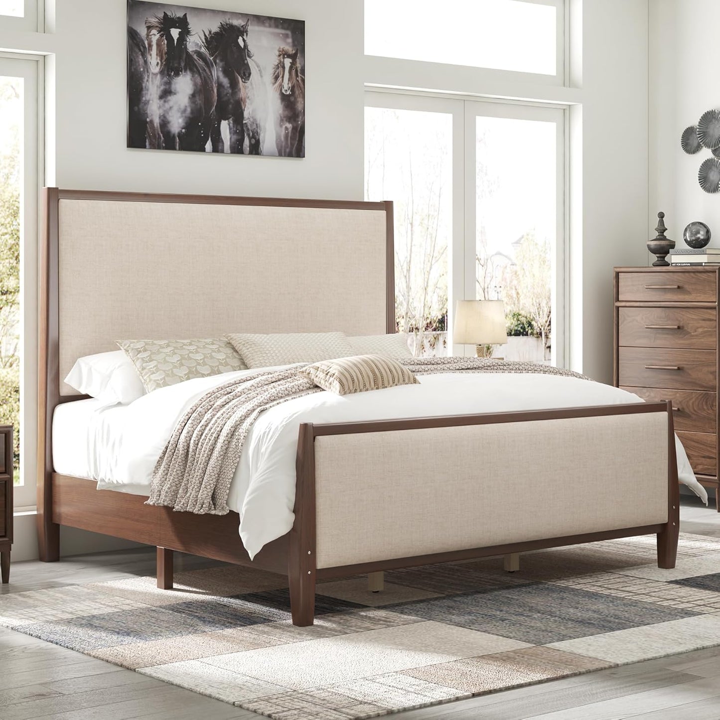 Jocisland 58" Tall Solid Wood Bed Frame with Upholstered Headboard & Footboard, Wooden Platform Bedframe, No Box Spring Needed, Easy Assembly, Modern Farmhouse Style