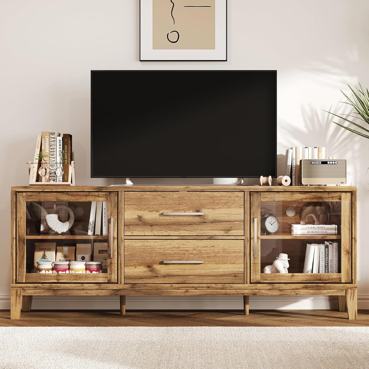 AMERLIFE 63" TV Stand for TVs up to 70", Rustic Wood Grain Entertainment Center with High Gloss Panel, Storage Cabinet with Drawers, Media Console for Living Room, Bedroom, Yellow Oak