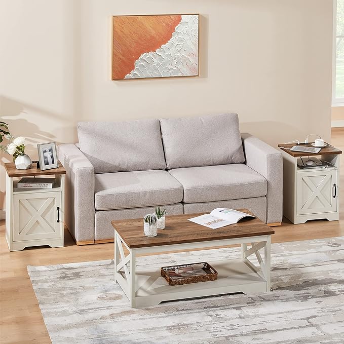 3-Piece Farmhouse Table Set Includes Coffee Table& Two End Tables, Side Table with Charging Station and USB Ports, for Living Room, Bedroom, Distressed White