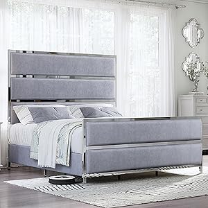 King Size Bed Frame, Velvet Upholstered Bed with Silver Trim Headboard & Footboard, Channel Tufted Platform Bed Frame, No Box Spring Needed/Light Grey