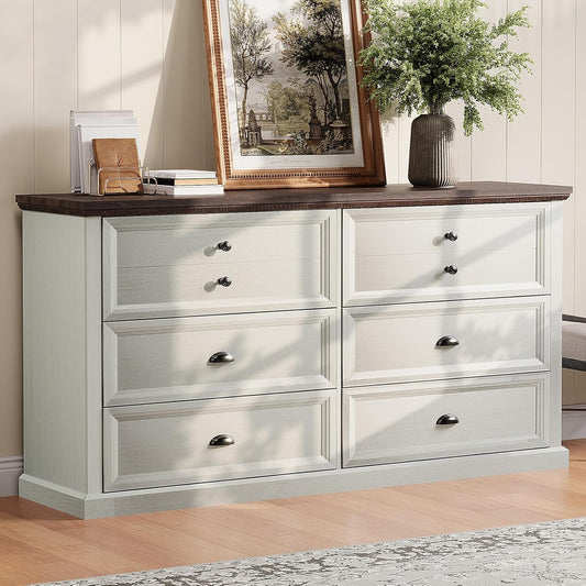 58 inch Dresser for Bedroom, Farmhouse 6 Drawer Dresser, TV Stand for Bedroom, Dressers & Chests of Drawers, Living Room Organizer with Storage Drawers