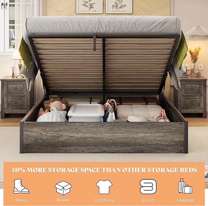 Lift Up Storage Bed, Full Bed Frame with Storage Underneath, Wooden Platform Bed Frame, Solid Wood Slats Support, No Fixed Headboard, No Box Spring Needed, Rustic Grey