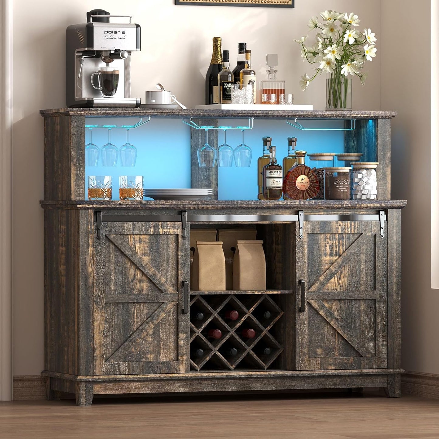 55" Farmhouse Coffee Bar Cabinet with LED Lights, Buffet Cabinet with Storage & Wine Racks, Home Liquor Cabinet with Adjustable Shelves & Sliding Barn Door