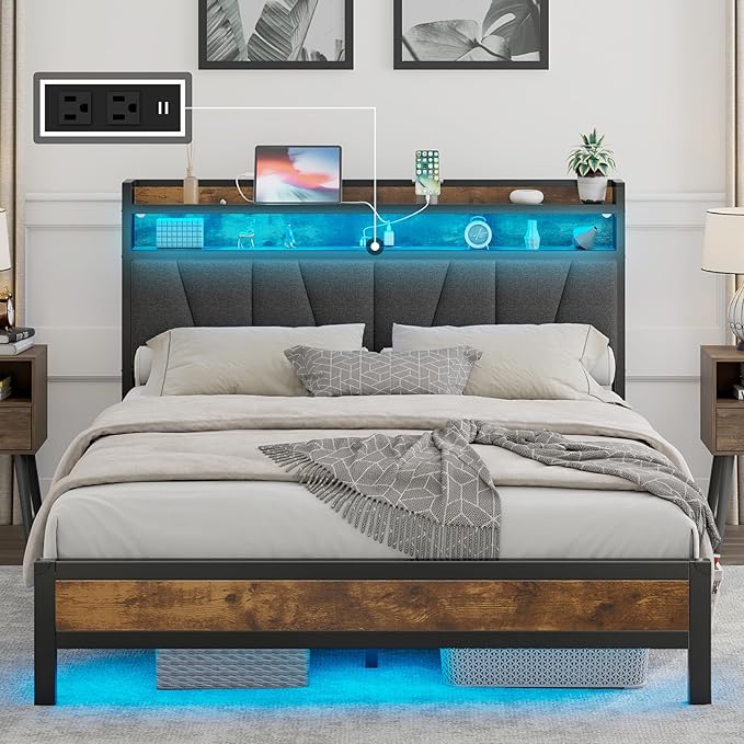 Queen Size Bed Frame with RGB Lights & Charging Station, LED Bed Frame with Storage Headboard Linen Upholstered, Heavy Duty Metal Slats, No Box Spring Needed, Rustic Grey