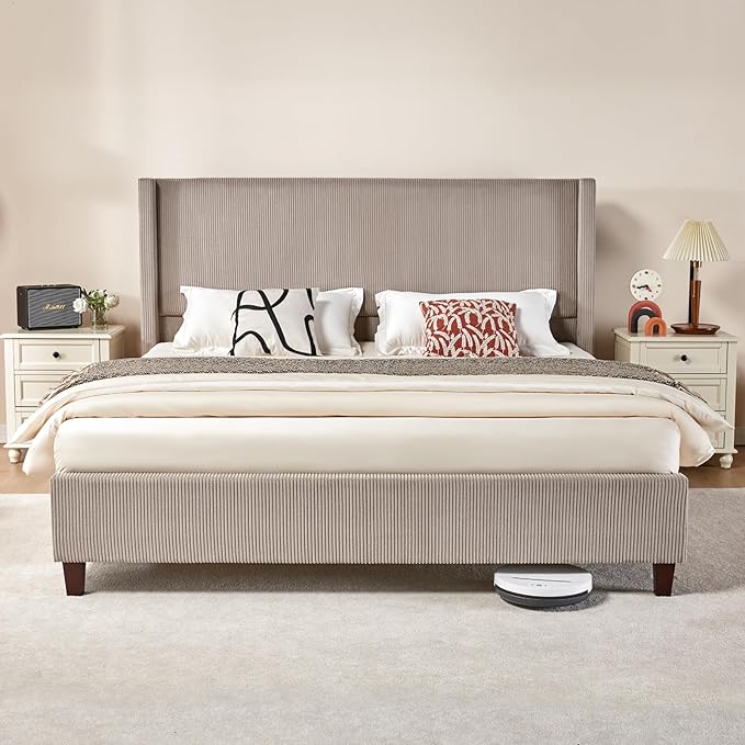 Queen Size Platform Bed Frame, 50.8" Corduroy Upholstered Bed with Vertical Channel Tufted Headboard/Wooden Slats/Wingback/No Box Spring Required/Taupe