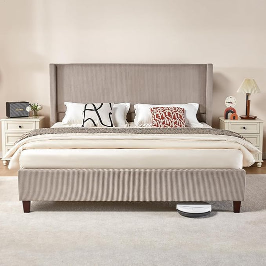 Queen Size Platform Bed Frame, 50.8" Corduroy Upholstered Bed with Vertical Channel Tufted Headboard/Wooden Slats/Wingback/No Box Spring Required/Taupe