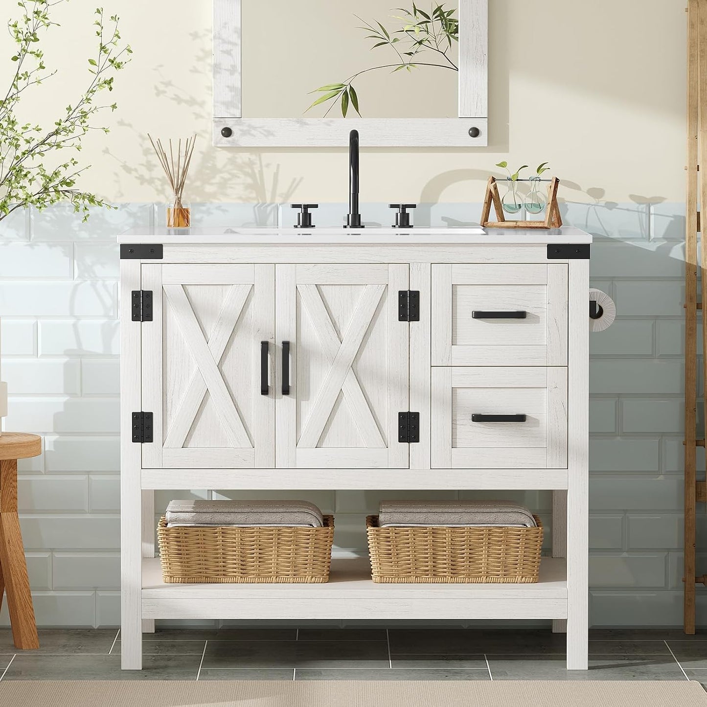 Farmhouse Bathroom Vanity with Sink,Wood Barn Door Freestanding Bath Storage Cabinet,White