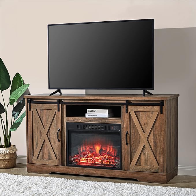 TV Stand with Sliding Barn Door for TVs up to 65", Farmhouse 59" Fireplace Entertainment Center with Storage Cabinets/Adjustable Shelves, Distressed White & Barnwood