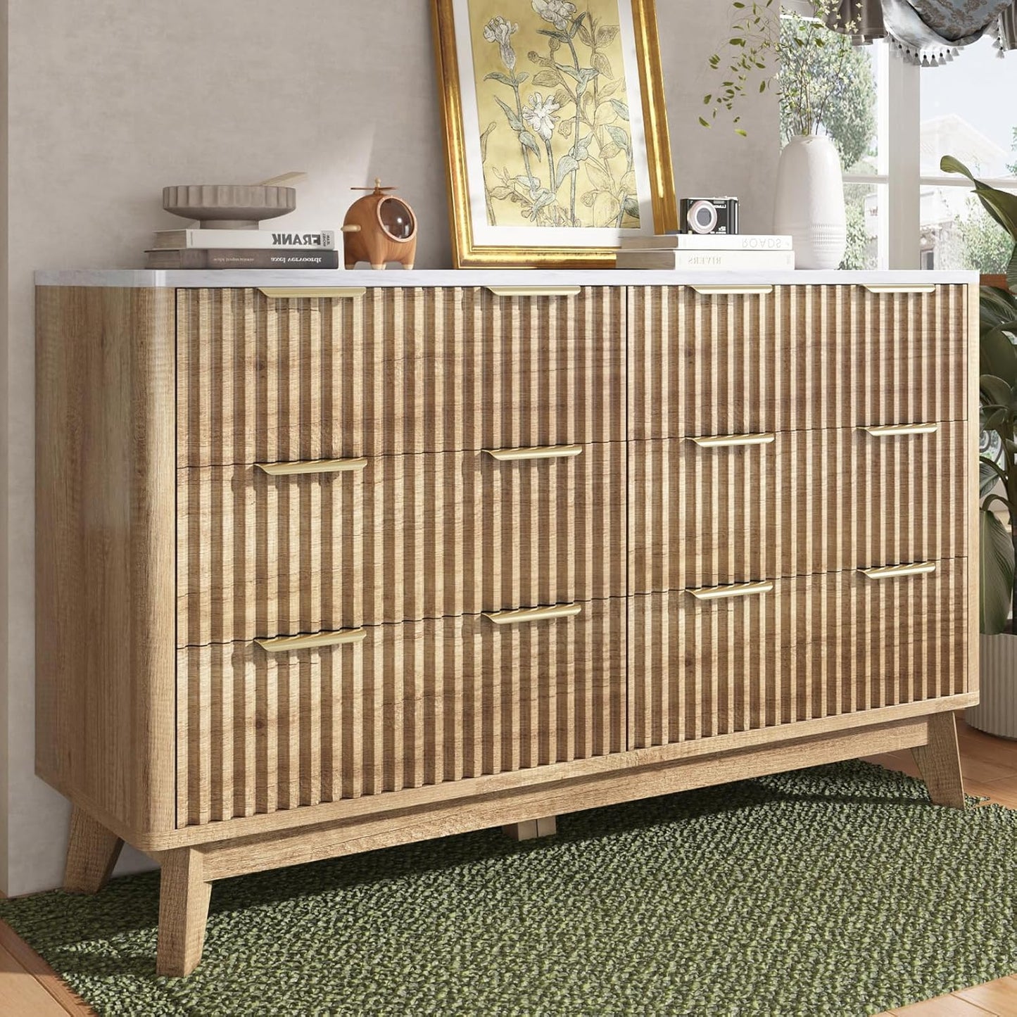 6 Drawer Dresser, 54" Wide Chest of Drawers, Fluted Drawer Design, Wooden Storage Chest, Farmhouse Style Solid Sturdy, Suitable for Bedroom, Hallway